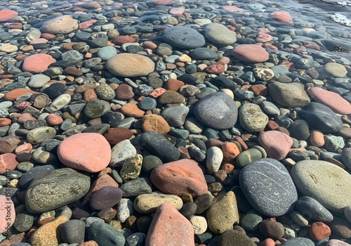 Colorful Pebbles Underwater Shoreline Rocks, Smooth Stone Texture, Water Surface, Natural Background, Ocean, Beach, Outdoors