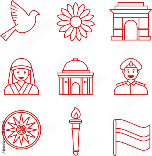 Red line art icons of Indian landmarks people and symbols on white background national