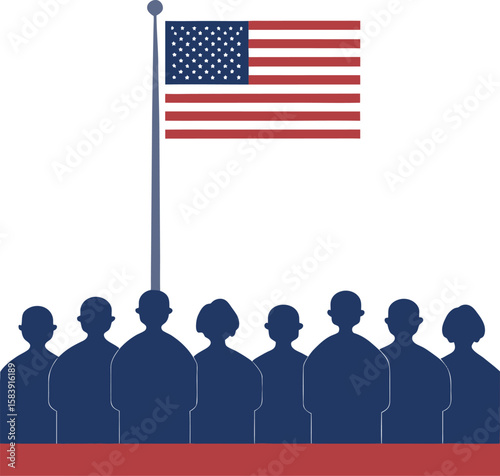 Silhouettes of diverse people standing beneath a waving American flag on a white background