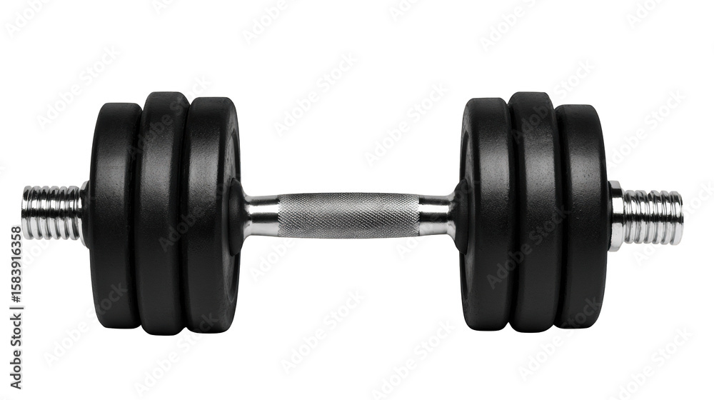 Naklejka premium A black adjustable dumbbell with multiple weight plates and a textured metal handle for grip.