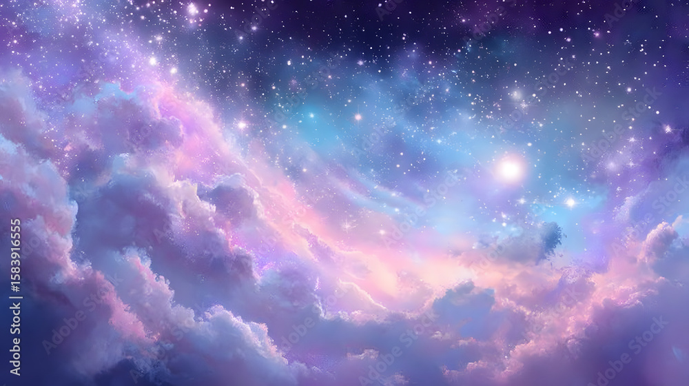 Obraz premium Beautiful fantasy starry night sky, blue and purple colorful, galaxy and aurora 4k wallpaper. cosmic watercolor illustration. Colorful space background with stars