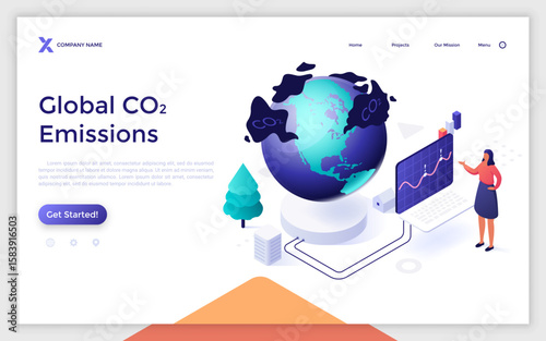 iso0030Female ecologist controlling air pollution around world with computer. Global CO2 emissions landing page isometric template. Save planet from contamination creative 3d vector illustration for w
