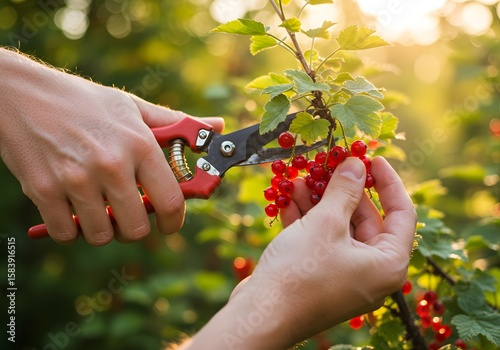 Harvesting Red Currants Hands Plucking Berries with Pruners in Garden, Gardening, Plants, Fruit.