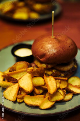 Burger and fried potatoes on a plate