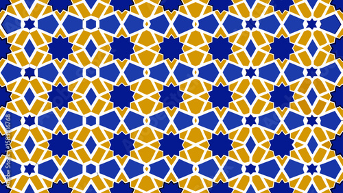 Intricate geometric pattern with blue stars and yellow shapes isolated on transparent background