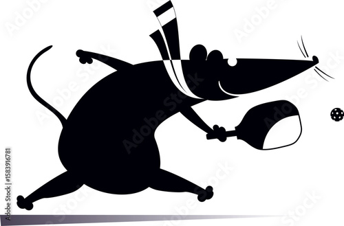 Cartoon rat or mouse plays pickleball. 
Pickleball court. Funny rat or mouse tries to do a good shot. Black and white illustration
