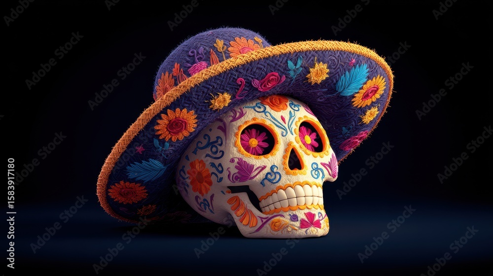 Naklejka premium Vibrant 3D Sugar Skull Character Celebrating the Day of the Dead Festival in Mexico's Rich Hispanic Heritage