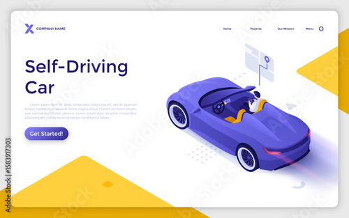 Man sitting in a self driving vehicle. Self-driving car landing page isometric template. Benefits of autonomous transport usage creative 3d vector illustration for web page