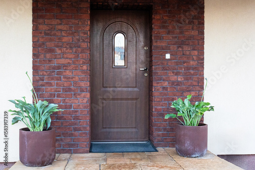 Inviting front entrance with a grand wooden door, stone accents, and decorative plants displayed. Facade of a modern building with modern doors. Designer entrance door to country house. Modern design.