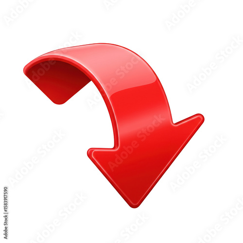 Glossy red curved arrow pointing downwards isolated on transparent background