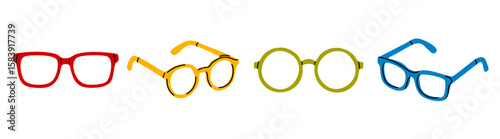 Minimalist eyeglass and sunglasses set in various shapes and colors. Round, square and aviator designs isolated on white background.