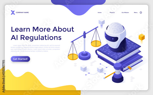 Robot head with law books and justice scales on white background. AI Regulation landing page isometric template. Comprehensive legislation creative 3d vector illustration for web page