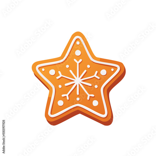 A festive gingerbread cookie in the shape of a star decorated with a snowflake design