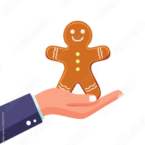 A gingerbread man cookie gently resting on an open palm, suggesting care and offering.