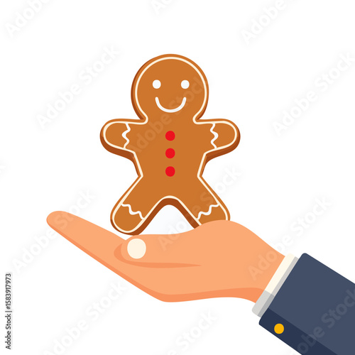 A gingerbread man resting peacefully in the palm of a hand. This image evokes feelings of warmth, celebration and the joy of the season.
