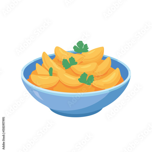 A bowl of delicious potato wedges with fresh herbs. The wedges are golden brown and appear crispy, served in a light blue bowl.