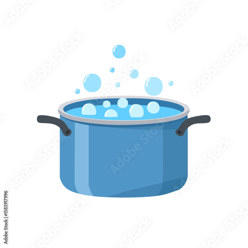 A boiling pot of water with bubbles rising. The pot is blue and has handles, and the water is actively boiling. The image focuses on the simple act of cooking. 
