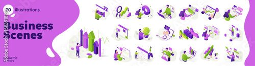 Isometric vector illustration. Set of 20 business scenes with people, charts, and technology. Modern flat design for business growth, data analysis, and innovation concepts.