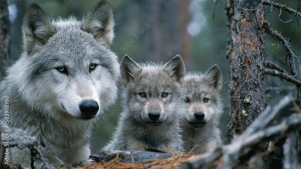 Obraz premium Adorable Gray Wolf Pups Playing Together in Natural Habitat