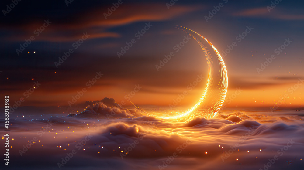 Fototapeta premium Crescent Moon Over Clouds at Sunset