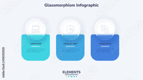 Glassmorphism infographic vector slide illustrationt. Infographic template with 3 glassmorphic round and square elements for presentation.