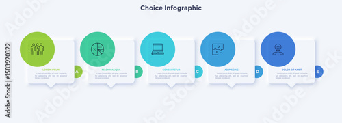 Five separate rectangular speech bubbles or balloons with thin line pictograms and place for text inside. Concept of 5 quotes or phrases. Creative infographic design template. Vector illustration.