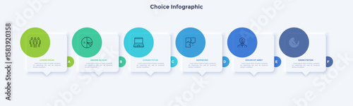 Six separate rectangular speech bubbles or balloons with thin line pictograms and place for text inside. Concept of 6 quotes or phrases. Creative infographic design template. Vector illustration.