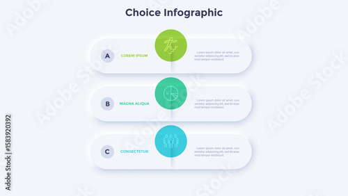 Three round elements placed in vertical row. Concept of list of 3 features or options of business project. Neumorphic infographic design template. Modern vector illustration for presentation.