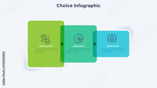 Horizontal timeline with 3 intersected translucent rectangular elements. Concept of three successive stages of business process. Modern infographic design template. Flat vector illustration for report