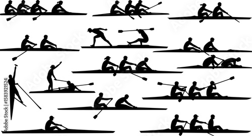rowing silhouette collection set. water sport, race, transport, teamwork concept. different action, pose. monochrome vector illustration.
