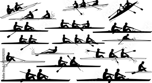 rowing silhouette collection set. water sport, race, transport, teamwork concept. different action, pose. monochrome vector illustration.
