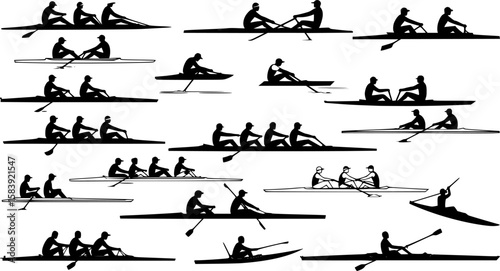 rowing silhouette collection set. water sport, race, transport, teamwork concept. different action, pose. monochrome vector illustration.

