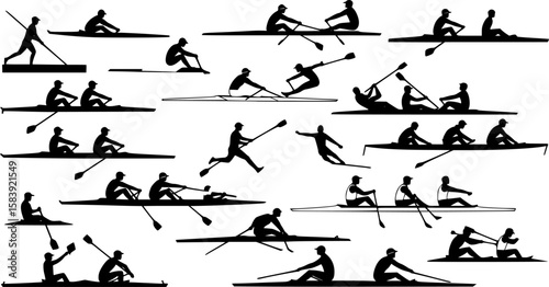 rowing silhouette collection set. water sport, race, transport, teamwork concept. different action, pose. monochrome vector illustration.

