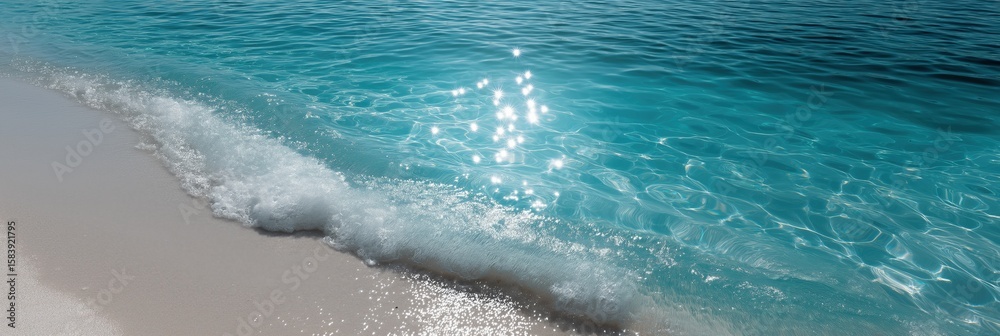 Fototapeta premium Sparkling blue ocean waves gently lapping on pristine sandy beach in sunlight