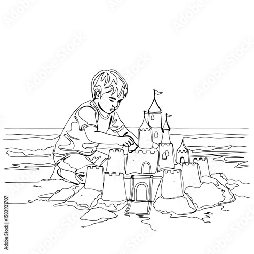 Young kid boy building a sandcastle on beach in continuous line art style, summer vacation concept. Vector illustration for coloring book, banner