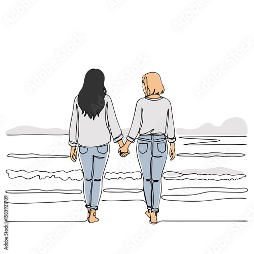 Two women facing away holding hands walking on beach. Continuous line art, simple style. Vector illustration for summer, travel, holiday.
