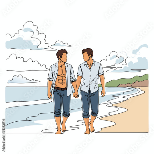 Two men walking barefoot holding hands on a sandy beach by the ocean under cloudy sky. Summer romance concept. Vector illustration line art style.