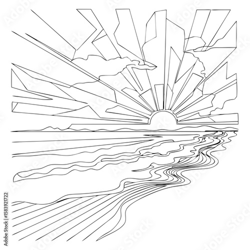 Abstract sunset or sunrise over the ocean and beach, summer travel concept, coloring book element. Vector illustration for greeting card, banner, poster, digital art, tattoo, decor