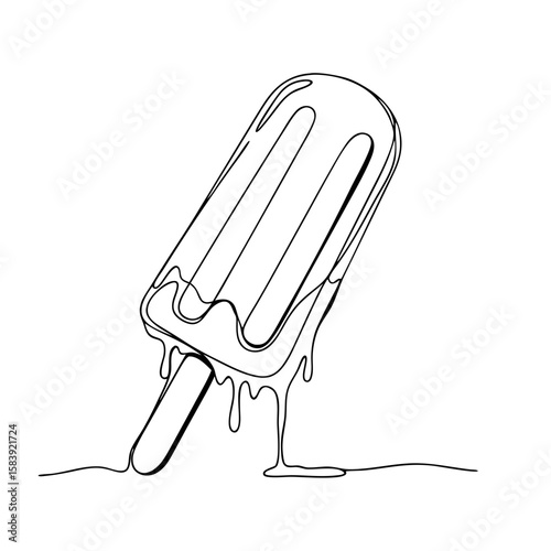 Melting popsicle in one continuous line art drawing. Refreshing summer dessert concept. Vector illustration for greeting card, banner, poster, invitation