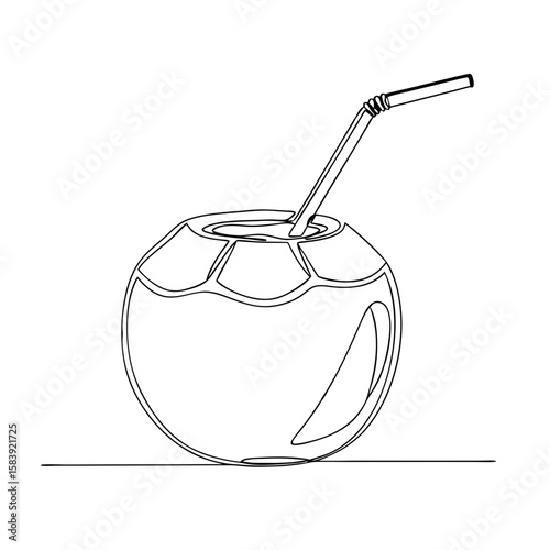 Coconut fruit drink with straw for summer refreshment. Simple line art concept. Continuous line drawing. Outline vector illustration for beach, ad, graphic
