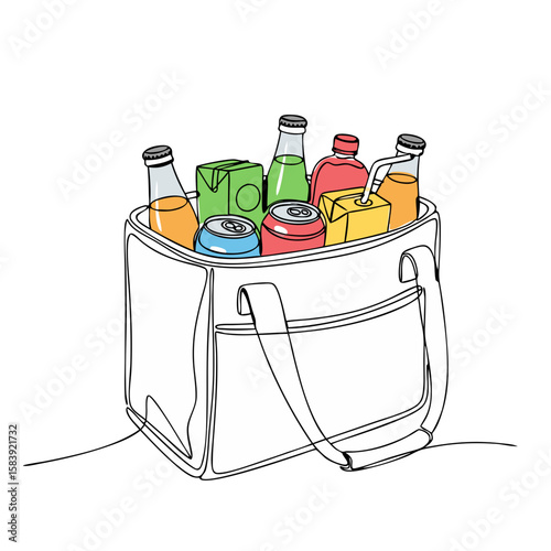 Cooler bag full of refreshing drinks and beverages for summer picnic, beach vacation, travel. Continuous line drawing vector illustration