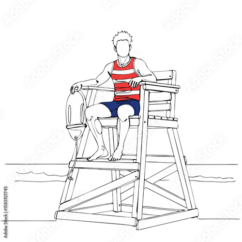 Man in swimwear sitting on lifeguard chair at beach. Summer vacation scene for safety and leisure concept. Continuous one line art drawing style. Vector illustration for poster, banner, print