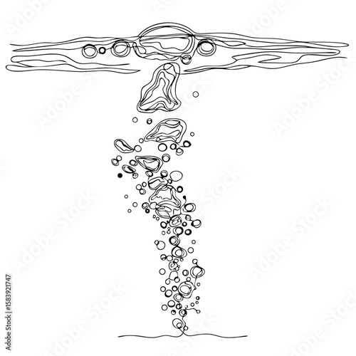 Black line art illustration of abstract water surface with air bubble stream, concept of freshness and purity. Vector illustration for spa, summer, beach, drink design
