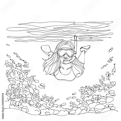 Woman snorkeling with mask and snorkel exploring underwater coral reef with fish. Black and white line art vector illustration