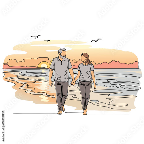 Mature man and woman couple holding hands walking on beach at sunset. Summer vacation and holiday concept. Single line art vector illustration