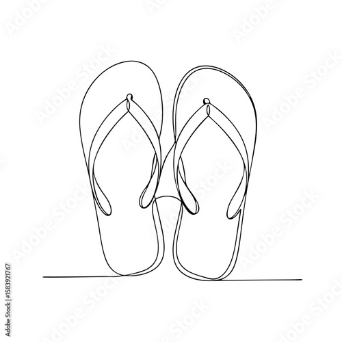 Pair of flip flop shoes in line art style for summer, beach, travel and vacation concept. Vector illustration for greeting card, banner, poster, print