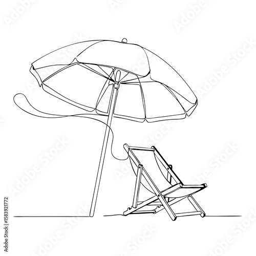 Beach umbrella icon and deck chair in one continuous line art style. Continuous line drawing. Abstract graphic element for summer, vacation, travel. Vector illustration for design, web, banner