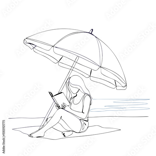 Woman under beach umbrella reading book on sand near sea. Summer vacation and holiday concept. Minimalist continuous line art vector illustration