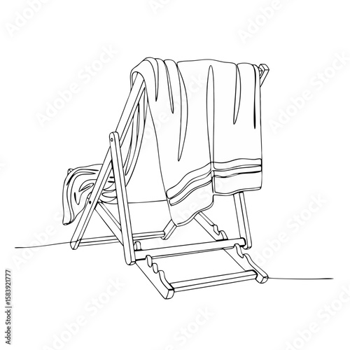 Beach chair with towel. Summer travel and holiday concept. Minimalist line art vector illustration