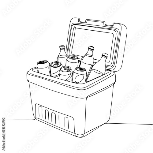 Cooler with bottles and cans. Beverage for picnic and outdoor activity. Single line vector illustration for summer, beach vacation design